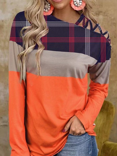 

Plaid three-color stitching off-the-shoulder casual spring and comfortable design ladies blouse, Multicolor, Long sleeve tops