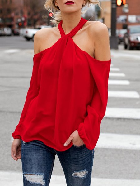 

Regular Fit Halter Solid Long sleeve Top, Red, Tops