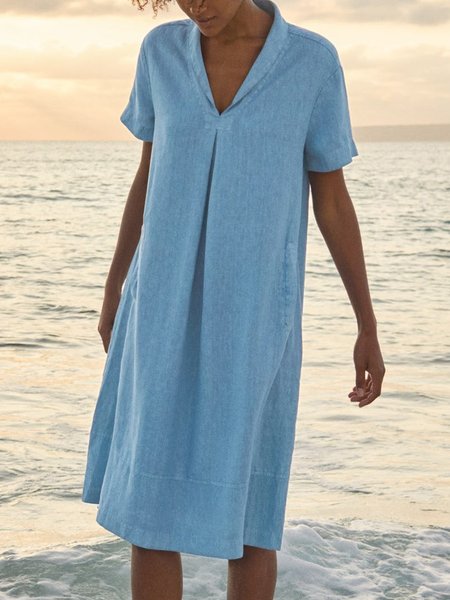 

Plus Size Casual Solid V Neck Short sleeve Loosen Dresses, Blue, Midi Dresses