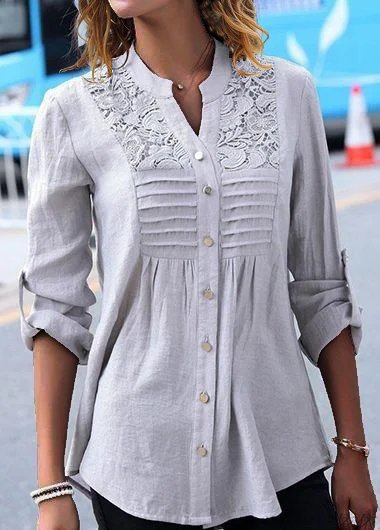 

Notched Casual Cotton And Lace Shirts & Tops, Gray, Shirts & Blouses