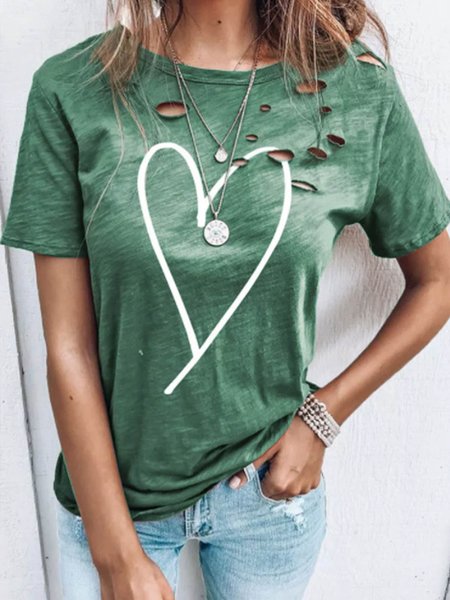 

Short sleeve round neck hollowed out hole love printing basic simple top T-shirt Plus Size, Green, T-Shirts