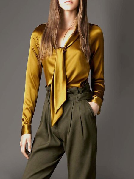 

Regular Fit Tie Neck Elegant Plain Top, Yellow, Tops