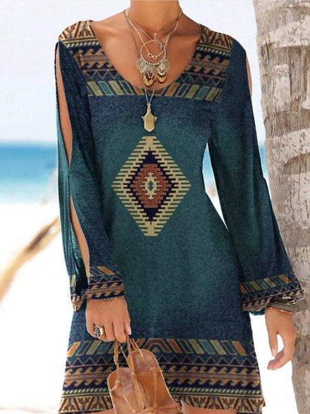 

Cotton Blends Tribal Geometric Loosen Boho Dresses, Flower, Mini Dresses