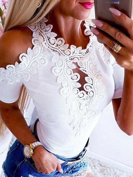 

Sexy Solid Lace Skinny Crew Neck Short Sleeve Shirts & Tops, White, T-Shirts