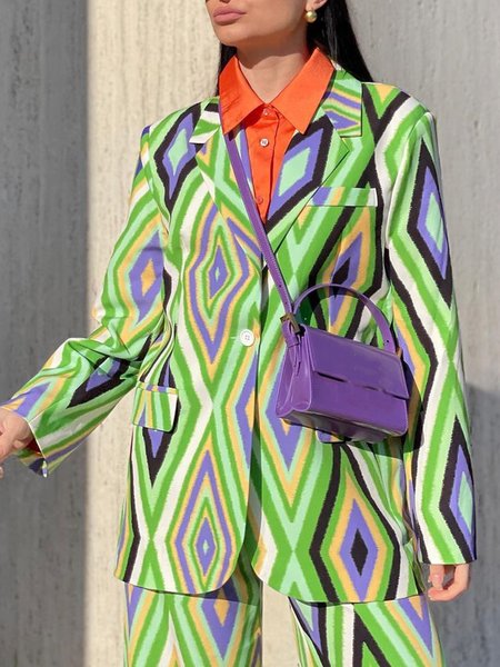

Flat Collar Work Geometric Long sleeve Blazer, Green, Blazers