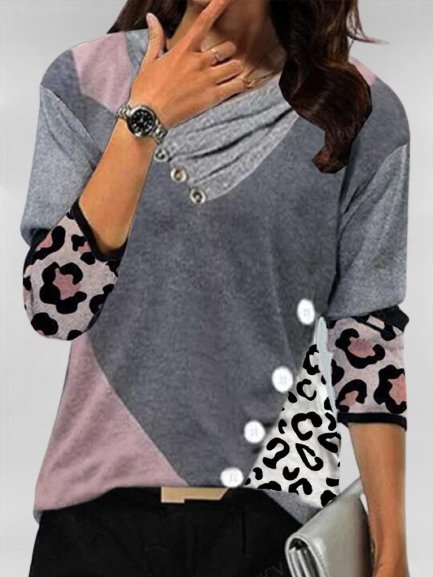

Long Sleeve Color-block Leopard Cowl Neck Plus Size Casual Tops, Multicolor, T-Shirts