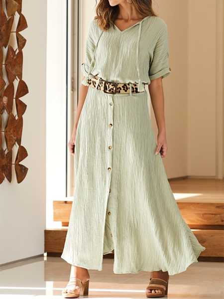 

Solid Casual Half Sleeve Notched Neck Maxi Dresses, Green, Maxi Dresses