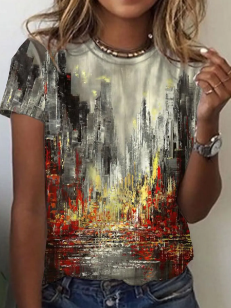 

Women's Abstract Geometric Painting T shirt Graphic Scenery Print Round Neck Basic Tops Casual Shirts & Tops, Multicolor, T-Shirts