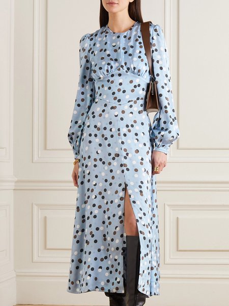 

Elegant Crew Neck Polka Dots Dress, Blue, Maxi Dresses