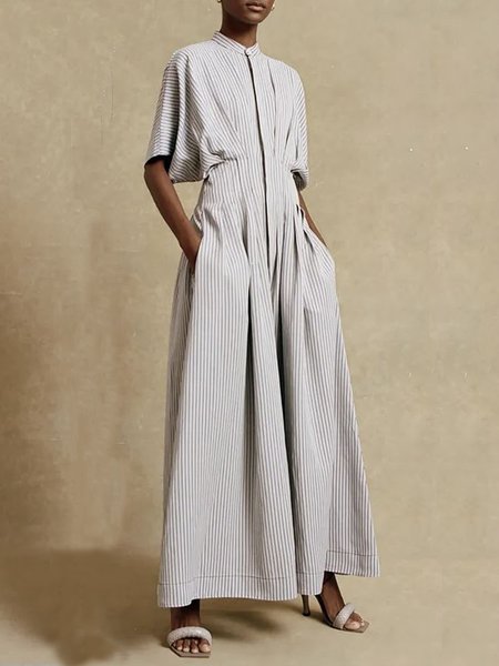 

Stand Collar Daily Striped Simple Dress, Gray, Maxi Dresses