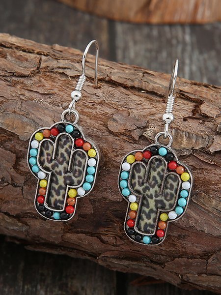 

Vintage Boho Style Colored Beads Cactus Alloy Earrings, As picture, Earrings