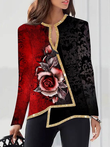 

Bullet free notched collar geometric gradient flower rose waist slim holiday party jacket jacket regular coat Plus Size Gliter Sequins, Black-red, Outerwear