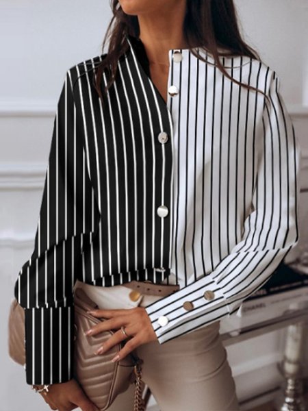 

Daily Elegant Stand Collar Striped Patchwork Top, Stripe, Blouses and Shirts