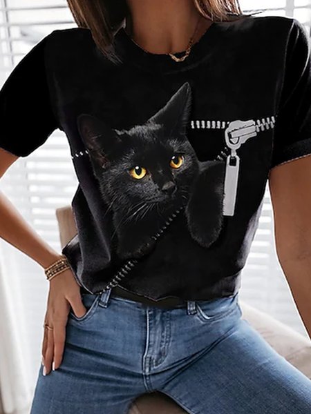 

Loosen Casual Cute Cat Pattern Shirts & Tops, Black, T-Shirts