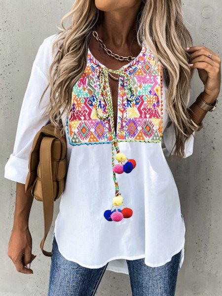 

Loosen Notched Boho paisley Shirts & Tops, White, Tops