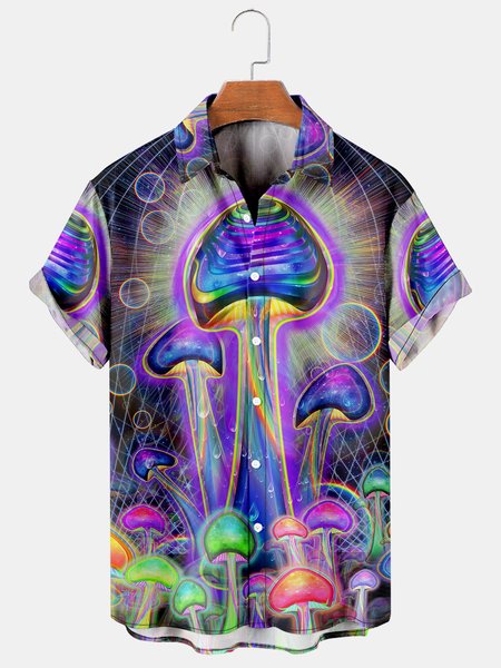 

Mens Funky Hippies Mushrooms Print Casual Breathable Short Sleeve Hawaiian Shirts, Blue, Men's Floral shirt