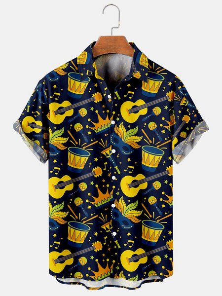 

Mens Mardi Gras Carnival Masks Music Guitar Print Casual Breathable Short Sleeve Hawaiian Shirts, Blue, Men's Floral shirt