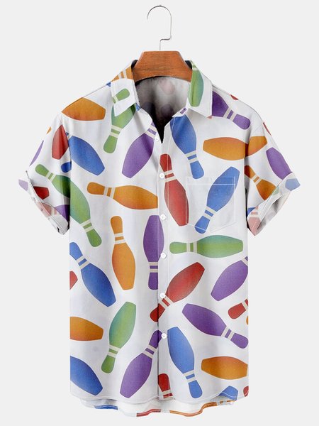 

Mens Colorful Bowling Print Casual Breathable Short Sleeve Hawaiian Shirts, White, Men's Floral shirt