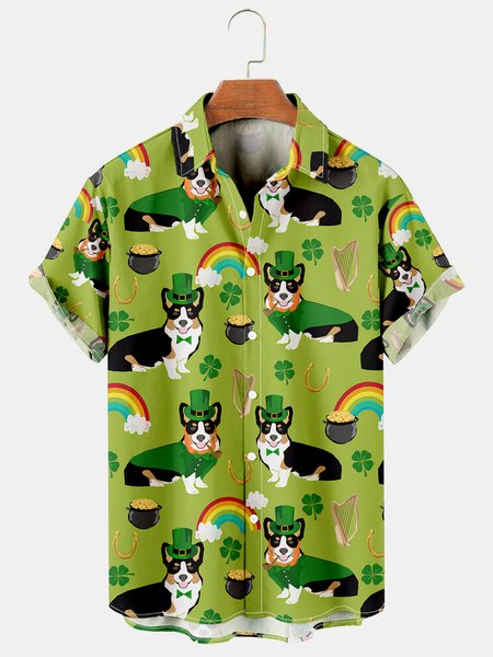 

Mens St Patrick‘s Day Welsh Corgi Dog Print Casual Breathable Short Sleeve Hawaiian Shirts, Green, Men's Floral shirt