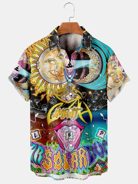 

Mens Funky Hippies Sun & Moon Print Casual Breathable Short Sleeve Hawaiian Shirts, Black, Men's Floral shirt