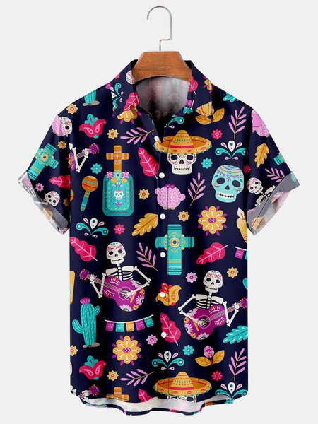 

Mens Funky Skull Print Casual Breathable Short Sleeve Hawaiian Shirts, Blue, Men's Floral shirt