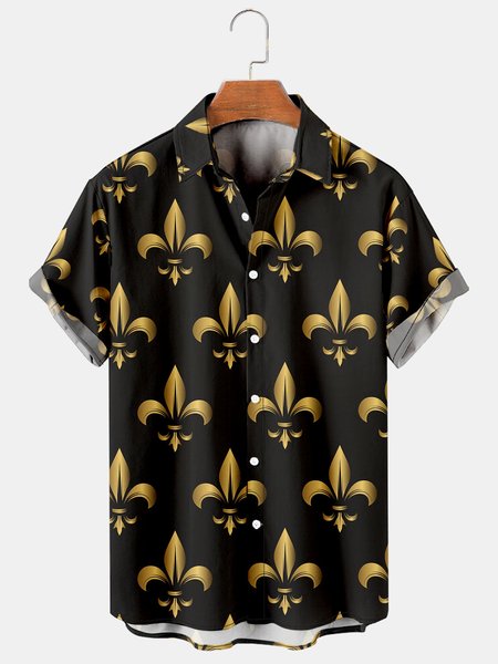 

Mens Fleur de lis Print Casual Breathable Short Sleeve Hawaiian Shirts, Black, Men's Floral shirt