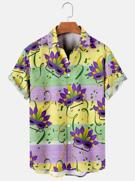 

Mens Mardi Gras Carnival Masks Print Casual Breathable Short Sleeve Hawaiian Shirts, Purple, Men's Floral shirt