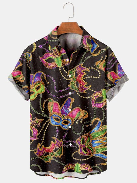 

Mens Mardi Gras Beads Carnival Masks Print Casual Breathable Short Sleeve Hawaiian Shirts, Black, Men's Floral shirt
