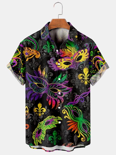

Mens Mardi Gras Carnival Masks Fleur de lis Print Casual Breathable Short Sleeve Hawaiian Shirts, Black, Men's Floral shirt