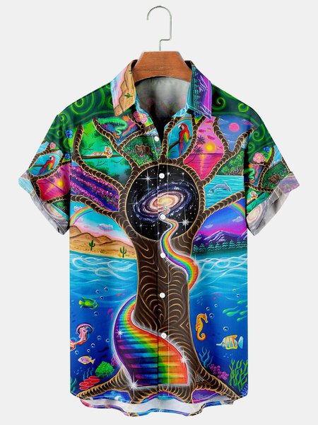 

Mens Funky Hippies Print Casual Breathable Short Sleeve Hawaiian Shirts, Blue, Shirts ＆ Blouse