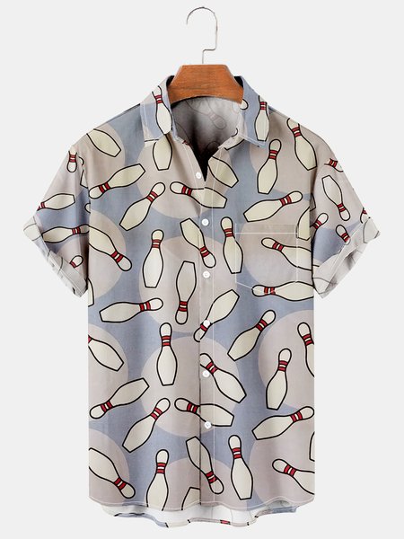 

Mens Bowling Print Casual Breathable Chest Pocket Short Sleeve Hawaiian Shirts, Blue, Men's Floral shirt