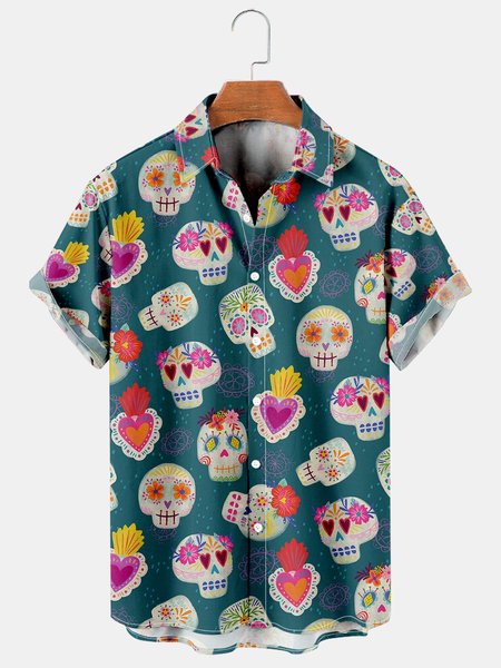 

Mens Funky Skull Print Casual Breathable Short Sleeve Hawaiian Shirts, Blue, Men's Floral shirt
