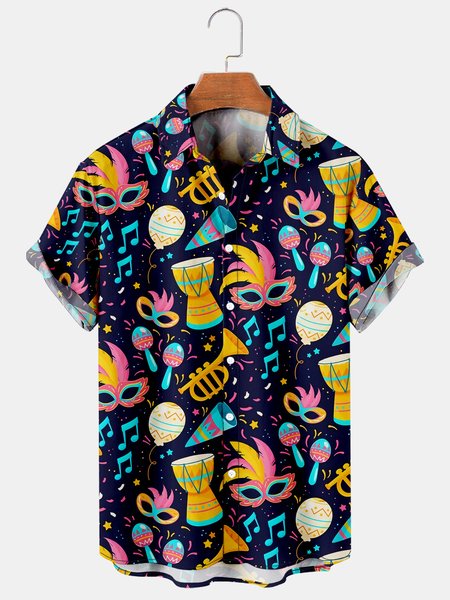 

Mens Mardi Gras Carnival Masks Music Guitar Print Casual Breathable Short Sleeve Hawaiian Shirts, Blue, Men's Floral shirt