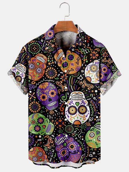 

Mens Mardi Gras Skull Art Rock Roll Print Casual Breathable Short Sleeve Hawaiian Shirts, Black, Shirts ＆ Blouse