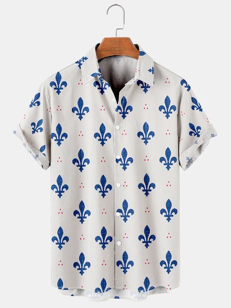 

Mens Fleur de lis Print Casual Breathable Short Sleeve Hawaiian Shirts, White, Men's Floral shirt