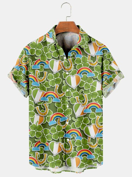 

Mens St Patrick’s Day Irish Shamrock Print Casual Breathable Short Sleeve Hawaiian Shirts, Green, Men's Floral shirt