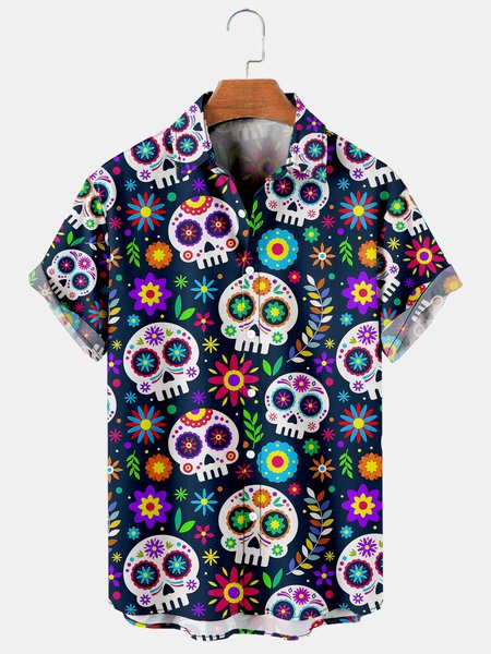 Mens Funky Skull Print Casual Breathable Short Sleeve Hawaiian Shirts, Blue, Men's Floral shirt