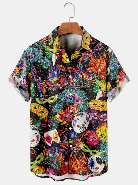 

Mens Mardi Gras Carnival Masks Print Casual Breathable Short Sleeve Hawaiian Shirts, Black, Men's Floral shirt