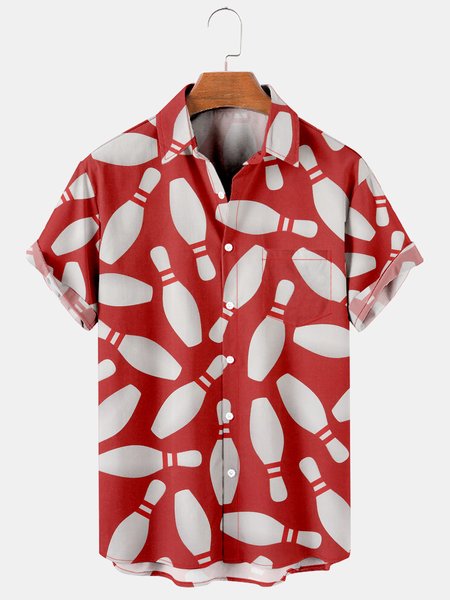 

Mens Bowling Print Casual Breathable Short Sleeve Hawaiian Shirts, Red, Men's Floral shirt