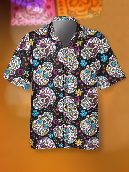 

Holiday Leisure Music Elements Floral And Skull Pattern Hawaiian Style Printed Shirt Top, As picture, Men's Floral shirt
