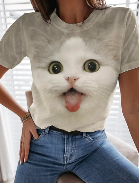 

3D Cat Painting T shirt Cat 3D Animal Print Round Neck Basic Tops Crew Neck Casual Loosen Shirts & Tops, Light gray, T-Shirts