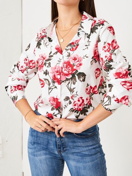 

Shirt Collar Floral Regular Fit Shirt, White, Blouses and Shirts