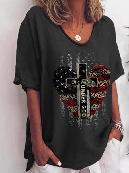 

V Neck Casual Loosen Letter Shirts & Tops, Deep gray, T-Shirts