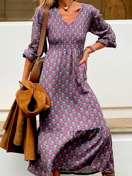 

Plus size V Neck Geometric Printed Dresses, Purple, Maxi Dresses