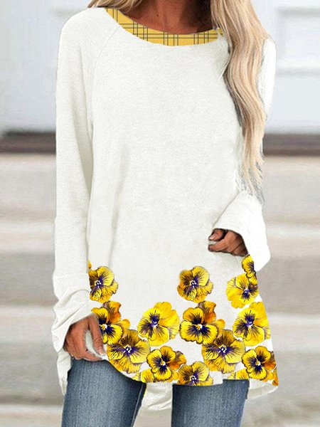 

Plaid floral stitching design spring casual and comfortable ladies blouse, Multicolor, Long sleeve tops