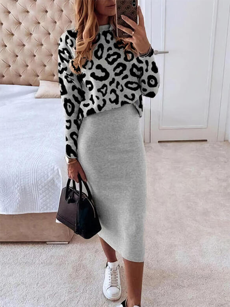 

Casual Leopard Crew Neck Long sleeve Two Piece Sets, Gray, Two-piece Outfits