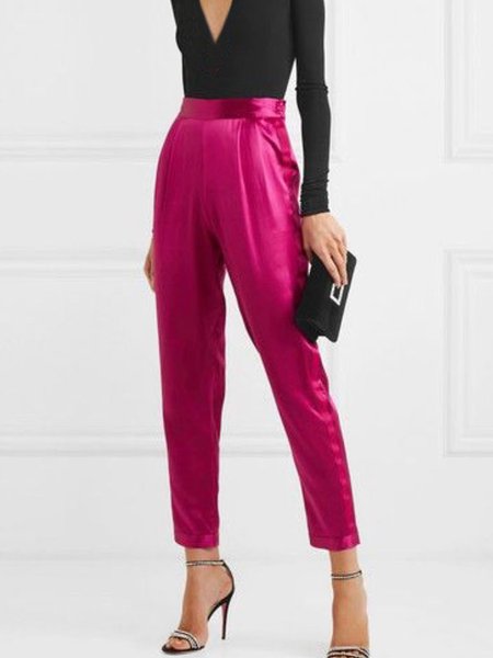 Regular Fit Elegant Solid Pants, Rose red, Cropped Pants