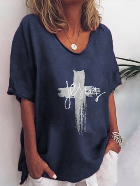 

Jesus And cross Printed V-neck Loose T-shirt, Blue, T-Shirts