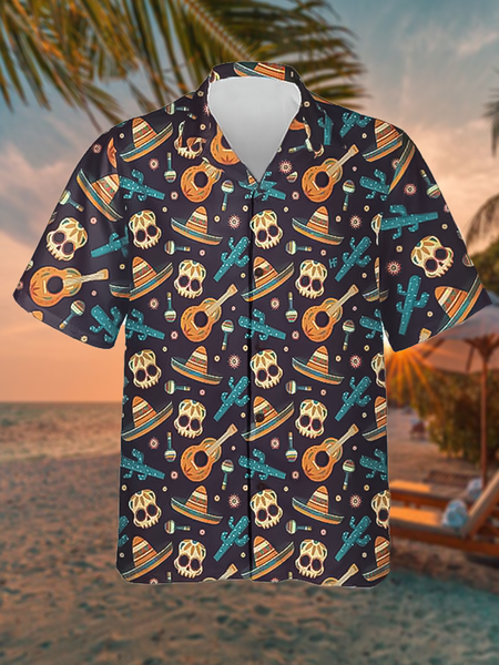

Holiday Leisure Music Element Guitar And Skull Pattern Hawaiian Style Printed Shirt Top, As picture, Men's Floral shirt