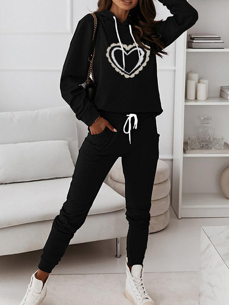 

Heart Print Sporty Casual Plus Size Sweatshirts & Two-Piece Outfits Set, Black, Suit Set